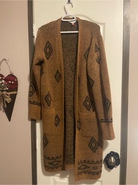 No Boundaries Brown Aztec-Pattern Long Open Cardigan